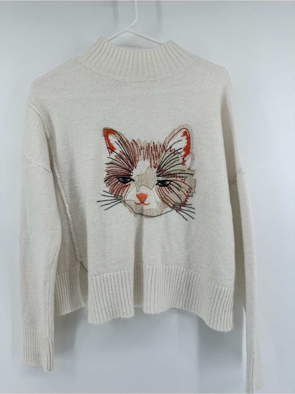 Moth Cream Mock Neck Sweater with Embroidered Cat Made in Turkey size M SKU0145